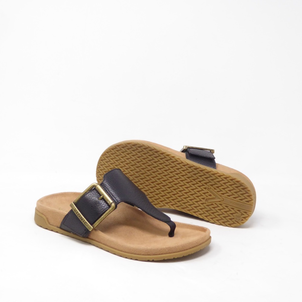 NEW Vionic Womens Sandals Black Emma Buckle Thong Slides Size 6.5